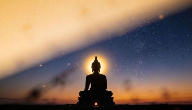 Buddha silhouette glowing halo at twilight with starry sky, zen meditation and serenity