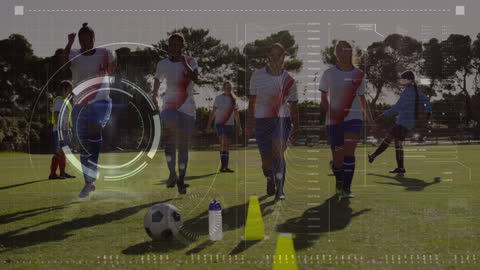 Women Soccer Players with Futuristic Data Scanning Overlay