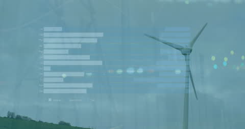 Financial Graphs Overlapping with Wind Turbine Image Symbolizing Green Energy