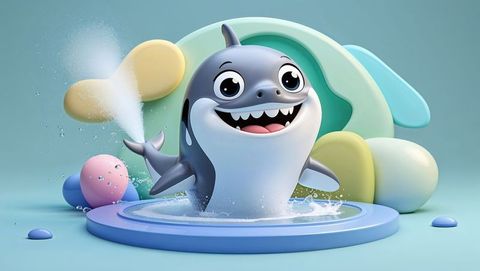 Playful 3d cartoon orca splashing in colorful pool
