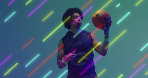 Basketball Player on Neon Background with Light Streaks