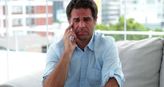 Stressed Man Sitting on Couch Touching Face in City Apartment - Download Free Stock Images Pikwizard.com