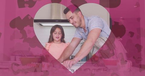 Father and Daughter Baking Together in Homely Kitchen with Pink Heart Overlay