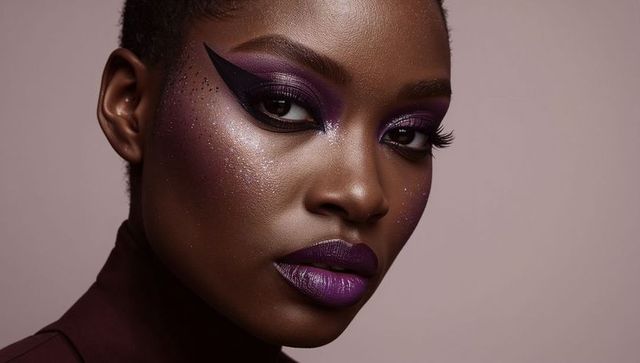 Closeup portrait female model wearing bold purple makeup with graphic winged eyeliner, glitter