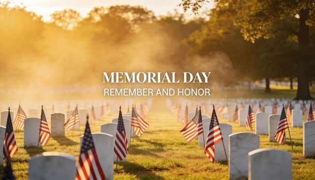 Memorial day sunrise at cemetery with american flags lining rows of white headstones
