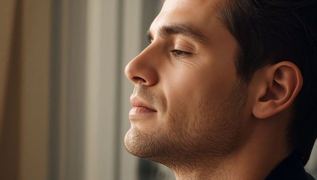 Young man relaxing in warm window light showing calm profile, stubble, strong jawline