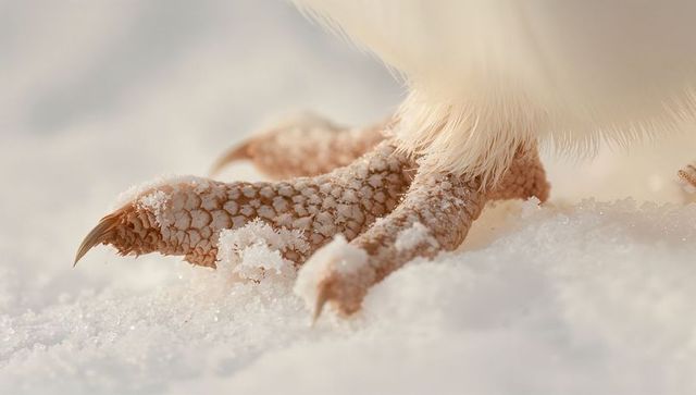Raptor talon close-up showing scaly toes and frost-covered claws on soft snow with feathered leg