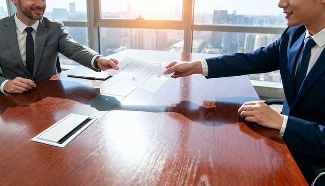 Executives exchanging signed contract across boardroom table in sunlit high-rise office