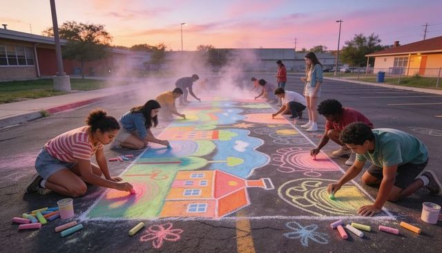 Teens creating colorful chalk mural on school parking lot at sunset community collaboration