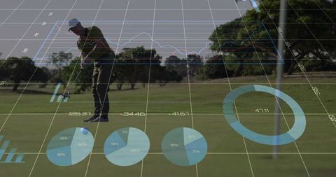 Golfer Analyzing Putt with Data Overlays on Golf Course Green