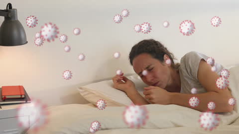 Woman Coughing in Bed with Floating Virus Cells