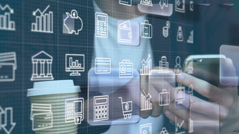 Digital Interface with Business Icons Over Smartphone Use