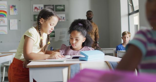Image of diverse girls at desk doing lessons together in classroom - Download Free Stock Photos Pikwizard.com