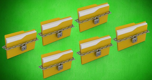 This image depicts multiple yellow file folders secured with chains and locks against a green background. It is ideal for illustrating concepts related to data protection, cybersecurity, and information security. It can be used in articles, presentations, and websites focusing on privacy, secure storage, and restricted access to confidential documents.