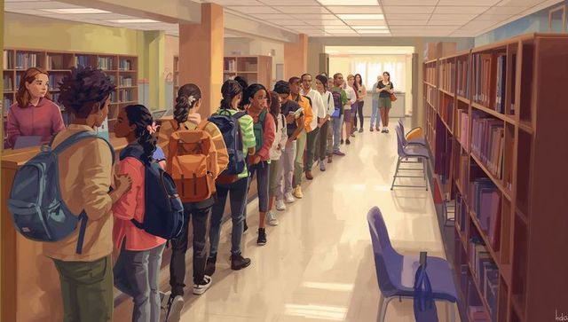 Students Queuing in School Library Corridor with Backpacks, Librarian at Desk