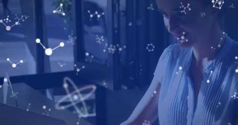 Woman Engaged in Science with Molecular Structures and Digitized Concepts Overlay