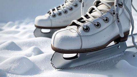 Close-up of white figure skates on snowy ice skating surface
