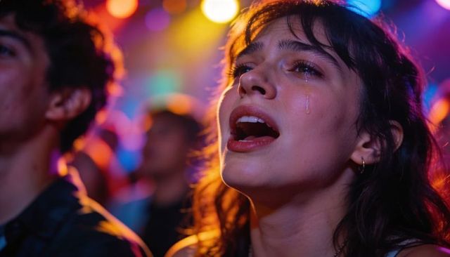 Young woman tearing up while singing at crowded concert under colorful stage lights