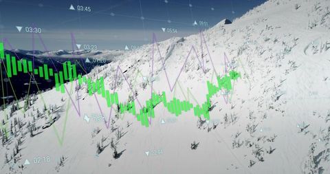 Digital data visualization over snowy mountainous landscape