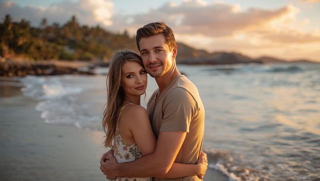 Romantic Couple Embracing at Sunset on a Tropical Beach