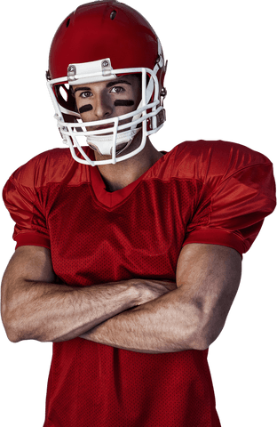 Confident rugby player in red uniform with helmet arms crossed transparent background