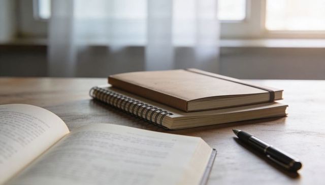 Sunlit Notebooks and Open Book on Wooden Desk with Pen for Study, Journaling and Planning