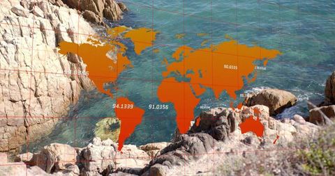 Orange World Map Overlaying Rocky Coastal Shoreline with Grid