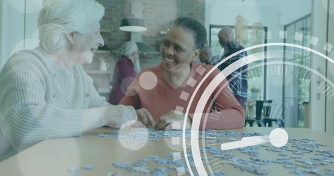 Senior companionship through puzzle games in cozy setting