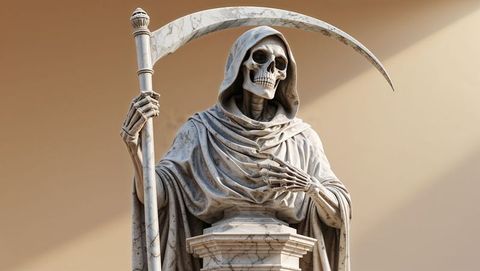 Impressive marble statue of hooded grim reaper with scythe in gallery