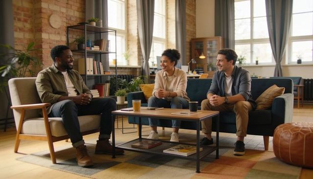 Diverse team chatting in sunlit coworking lounge with exposed brick, plants and coffee