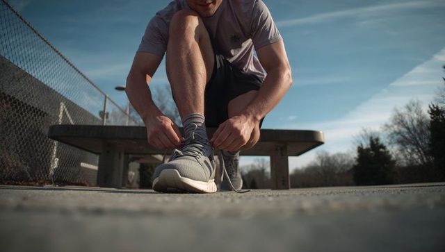 Adult male athlete tying sneaker laces on outdoor court preparing for run