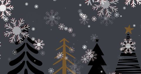 Festive Snowflakes Falling Over Stylized Christmas Trees