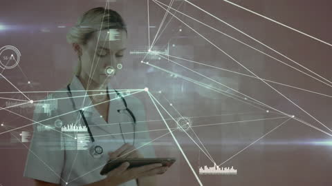 Caucasian Female Doctor Engaging with Digital Network Interface