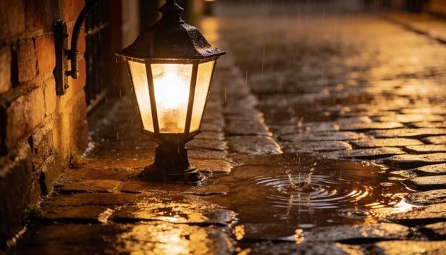 Glowing lantern on wet cobblestone path at night with puddle ripples and warm reflections