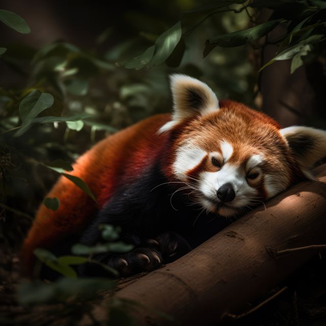 Red panda is resting on a tree branch, surrounded by lush greenery in a forest. Ideal for use in wildlife conservation materials, nature presentations, educational content about animals, or promoting eco-friendly messages. Suitable for websites, brochures, and posters highlighting natural beauty and wildlife.