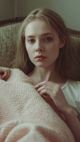 Vertical video of white woman gazing and tucking pink blanket on armchair, cozy introspection