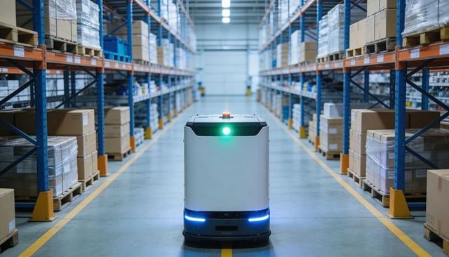 Autonomous mobile robot navigating warehouse aisle with guiding lights on yellow center line