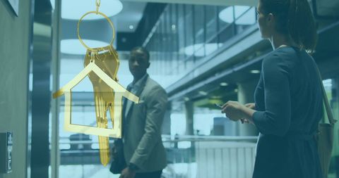 Gold key and diverse professionals signify ownership and connectivity