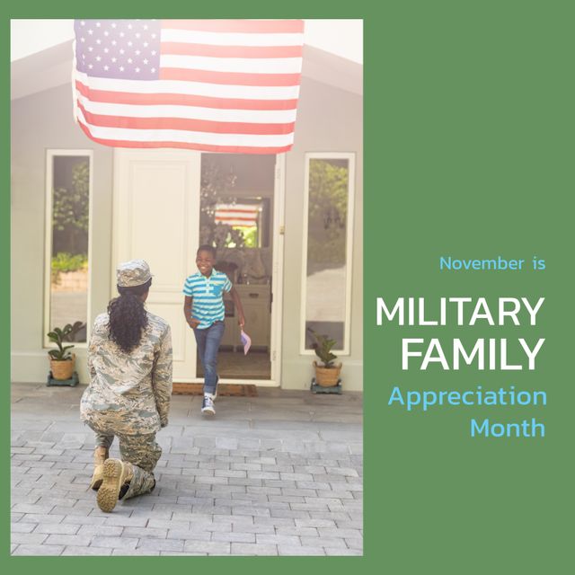 Image of military family appreciation day over african american soldier mother welcoming son - Download Free Stock Videos Pikwizard.com