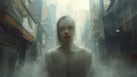 Hooded Figure Emerging from Misty Dystopian Urban Canyon with Billboards