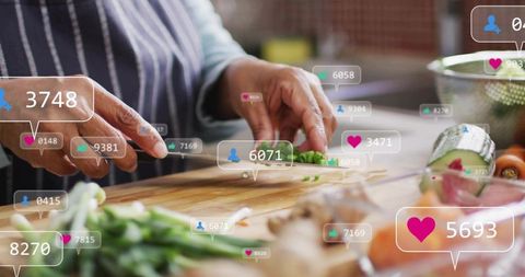 Indian cook chopping green onions with social media overlay and fresh kitchen produce