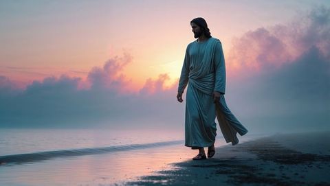 Serene walk by the shore at sunrise evoking jesus' contemplation