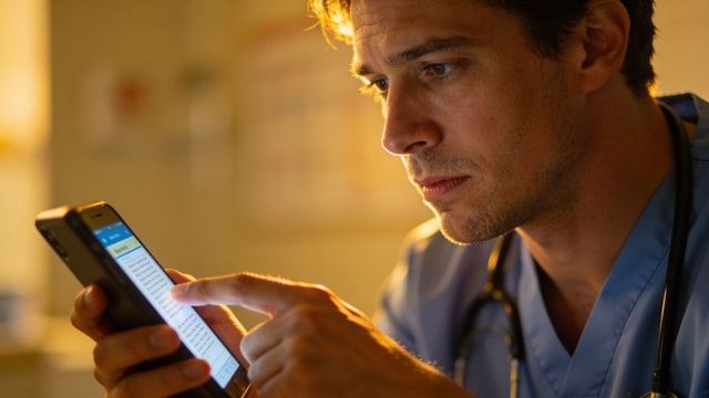 Reviewing patient records on smartphone by male clinician in blue scrubs night shift