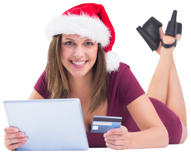 Happy Woman in Santa Hat Shopping Online with Tablet - Download Free Stock Videos Pikwizard.com