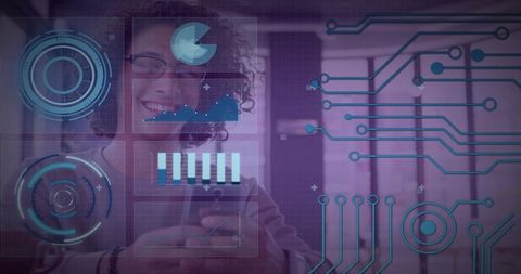 Smiling professional holding smartphone behind holographic HUD displaying analytics graphs