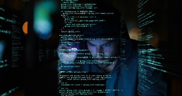 Male hacker analyzing code on multiple screens in a dimly lit environment, conveying themes of cybersecurity and data protection. Suitable for use in articles, blog posts, and publications related to hacking, cybersecurity, and technology-related security threats.