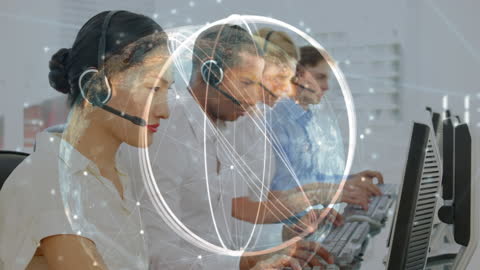 Diverse Customer Support Team with Futuristic Data Overlay