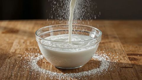 Baking flour spill with milk pouring in kitchen