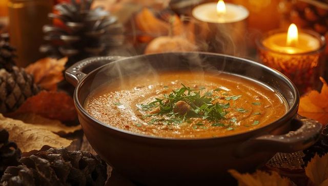 Steaming Autumn Soup in Cozy Rustical Setting