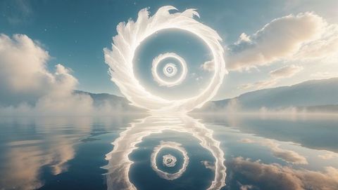 Concentric god-like cloud rings reflecting on tranquil lake waters
